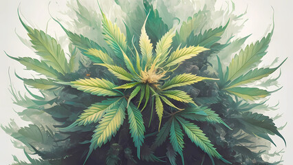 Exploración de la sativa: Ilustración en acuarela de la fascinante floración de la cannabis. Misterioso mundo verde: Detallada ilustración en acuarela que evoca una fantasía oscura en el reino de las 