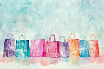 Shopping spree! Watercolor painted shopping bags in a row on blue background.