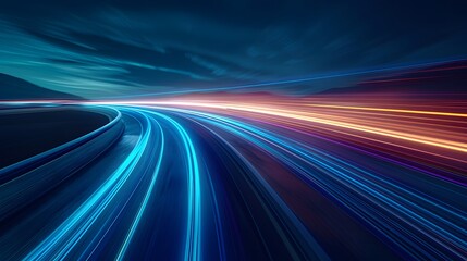 Blue technology light speed background with blue and white lines, dark night sky with road to the horizon, motion blur effect. A high speed car or train moving fast on the highway with a motion 