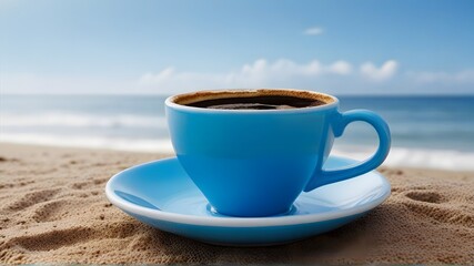 cup of coffee on the beach, ai generated