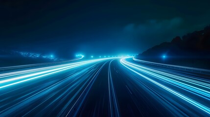 Obraz premium Blue technology light speed background with blue and white lines, dark night sky with road to the horizon, motion blur effect. A high speed car or train moving fast on the highway with a motion 