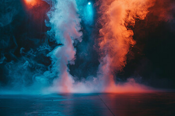 Bright coral smoke curling across a stage under a pale blue spotlight, creating a serene atmosphere against a dark background.