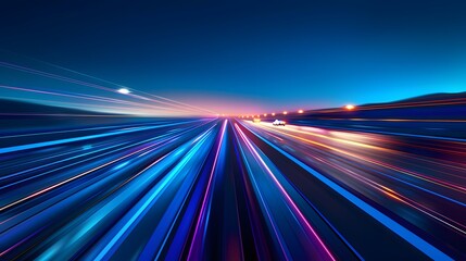 Blue technology light speed background with blue and white lines, dark night sky with road to the horizon, motion blur effect. A high speed car or train moving fast on the highway with a motion 