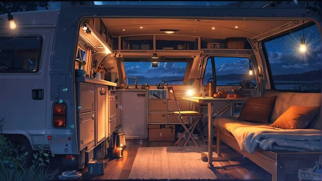 Take a virtual journey into the depths of the jungle with this captivating 4k looping video of auto camping life, featuring a white camper van surrounded by exotic flora and fauna