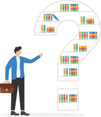 Businessman stands in front of a large closet with books in the form of a question mark, and think what choice to make

