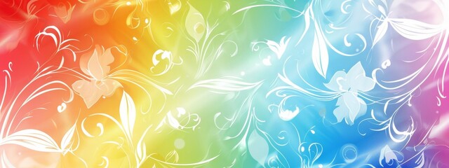 Rainbow colored background with white swirls and a floral pattern in the style of nature.