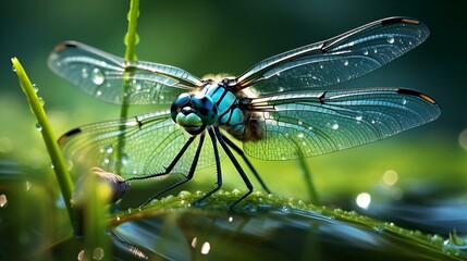 A dragonfly perches on a leaf adorned with water droplets