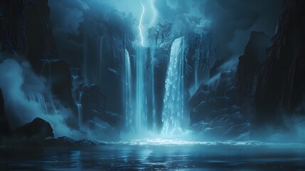 Defying Gravity A Reversed Waterfall Cascading into a Glowing Mist of Enchantment