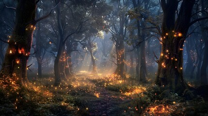 An Enchanted Forest Where Ancient Trees Hum with Spells and the Ground Glows with Mystical Runes