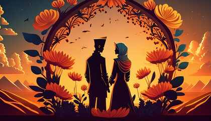 illustration of couple on flower frames