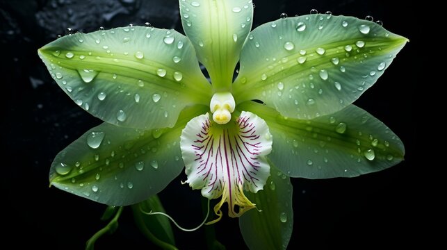 A vibrant green orchid adorned with glistening water droplets