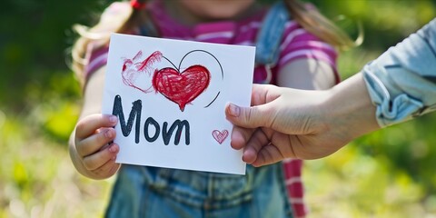A little girl holding a card with the word mom. - obrazy, fototapety, plakaty