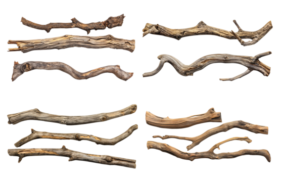 Collection of old wood branches isolated on white or transparent background