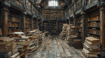 Medieval castle library, scrolls and tomes, historical learning