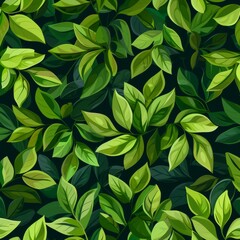 An artistic pattern of green leaves on a dark background creates a seamless design resembling a lush groundcover of various terrestrial plants, shrubs, and herbs, forming a beautiful rectangle