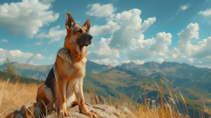 A German Shepherd dog is sitting on a rock and looking into the distance. Close up of the dog. German Shepherd dog is sitting on a mountain in the sun.