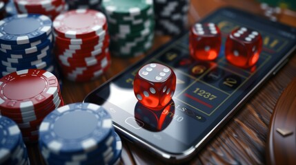 Online casino. A smartphone with playing cards, roulette, and chips, dice. The concept of online gambling.