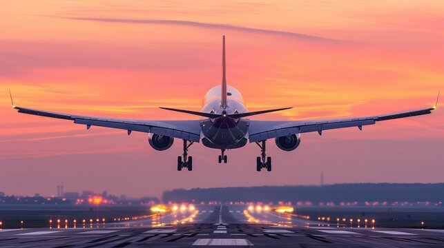 Airplane taking off from the airport, front view. A large passenger airplane takes off from the runway. The landing gear is still not removed, rear view against the evening sky. Traveling concept.
