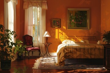 A bedroom with a bed, chair, and a potted plant