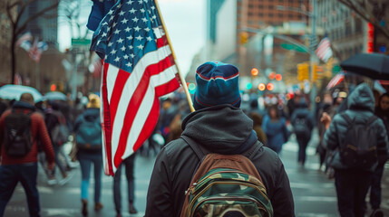 A person with an american flag walking down a street. - obrazy, fototapety, plakaty