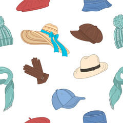 Hats collection, vector seamless pattern background. Different types of hats, cap, panama, french beret, knitted winter hat, floppy beach  hat, newsboy cap. - obrazy, fototapety, plakaty