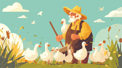 Senior farmer with cute ducklings on color backgrou