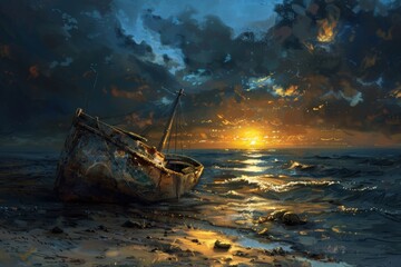 A boat is floating in the ocean with the sun setting in the background