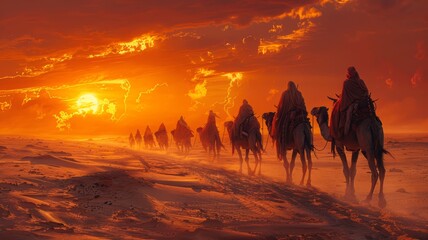 Sunset camel caravan in the Middle Eastern desert