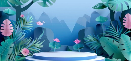 A podium surrounded by lush tropical plants, colorful flowers, and vibrant blue petals in a serene forest setting. Perfect for outdoor leisure and entertainment