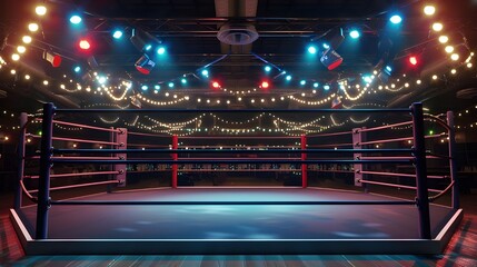 Boxing ring with illumination by spotlights. digital effect 3d render.