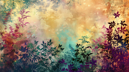 Grunge style beautiful, colorful, abstract art. Paper texture. Colorful painting. Watercolor background with flowers and plants.