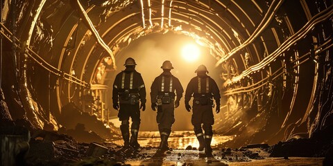 Three male industrial workers in a mine, wearing protective gear and helmets, walking.