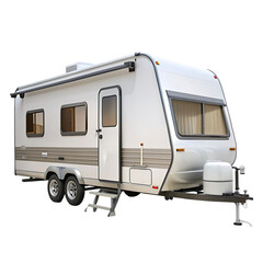 Fototapeta premium Vacation trip with Caravan Car on road. Camper and Summer drive on highway. Holiday journey