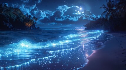 Glowing waves on a tropical night beach, bioluminescent marine plankton