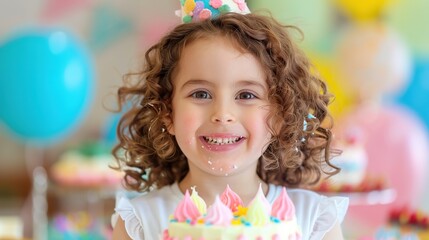 Joyful Birthday Celebration: Adorable Girl with Pastel Cake