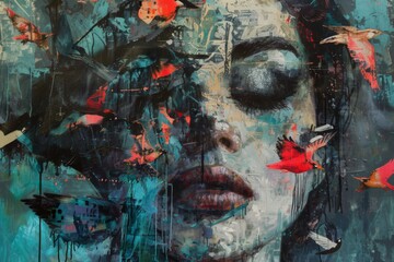 A woman's face is painted with birds on it