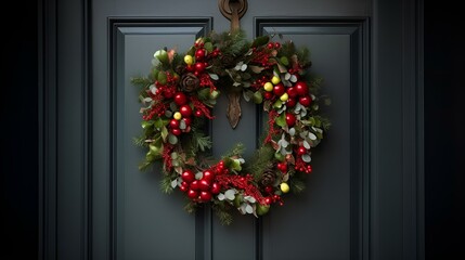 A festive Christmas wreath adorns a door, 