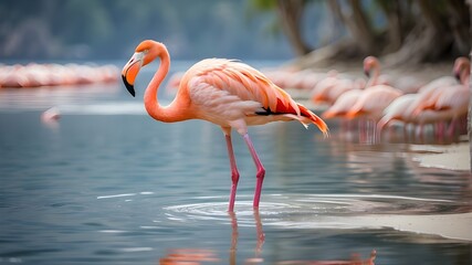 A graceful flamingo wading through crystal clear waters, its long neck and legs creating elegant reflections.