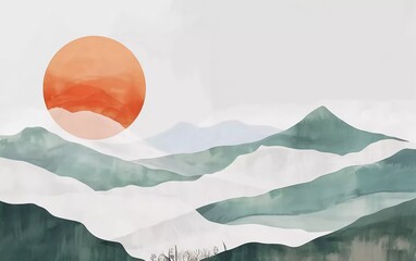 Mountain background vector. Minimal landscape art with watercolor brushes and gold line art texture. Abstract art wallpaper for exquisite prints	