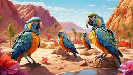 A group of exotic birds gathered around a sparkling oasis in the desert, their vibrant plumage contrasting against the barren landscape.