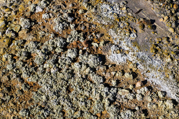 a close up to the volcanic thermal rocks and stones on the ground of Bumpass hell in lassen volcanic national park, califronia