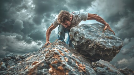 Young man in his 30s pushing a gigantic boulder under a dark stormy sky, Concept of personal challenge and the force of nature. - obrazy, fototapety, plakaty