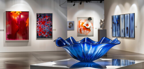 A vibrant blue glass jhoomer creating a mesmerizing ambiance in a contemporary art gallery