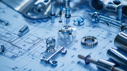 Array of sophisticated aeronautical parts displayed in an engineering blueprint, focusing on design accuracy and innovation, close-up