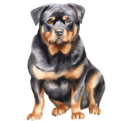 Obraz premium AI-Generated Watercolor Rottweiler sitting Clip Art Illustration. Isolated elements on a white background.