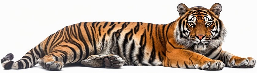 Fototapeta premium A tiger is laying on its back on a white background