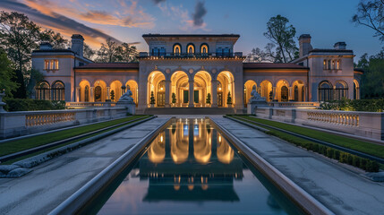 An elegant Beaux-Arts estate captured at twilight, its grand arches and detailed sculptural...