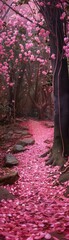 Pink leaves fall on a path in a forest