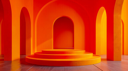 An orange room with a circular platform.