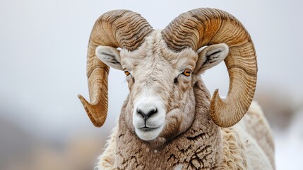 A ram with large horns is standing in the snow